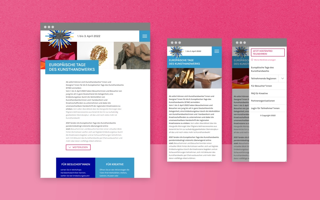 Responsive Website der Kunsthandwerkstage (Screenshots Mobil)