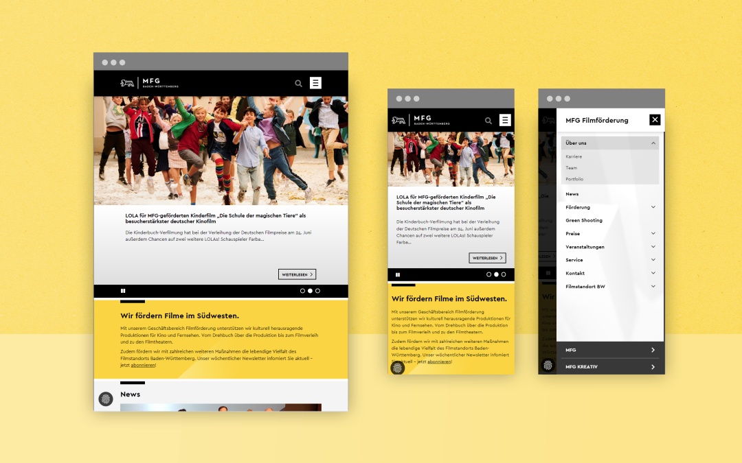 MFG Filmförderung responsive Website: Darstellung auf Tablet und Smartphone