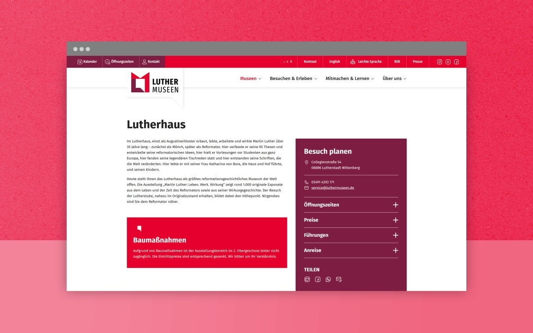 LutherMuseen Screenhot: Desktop-Darstellung des Drupal Webdesigns