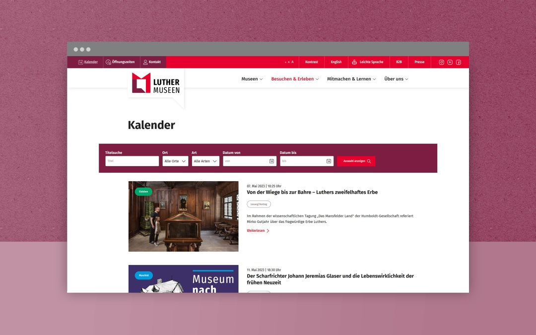 LutherMuseen Screenhot: Desktop-Darstellung des Drupal Webdesigns